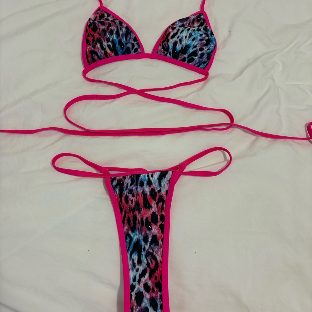 Leopard Print Bikini Set with Pink Trim